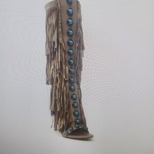 AKIRA Tan Fringe Over the Knee Boots with Blue Accents